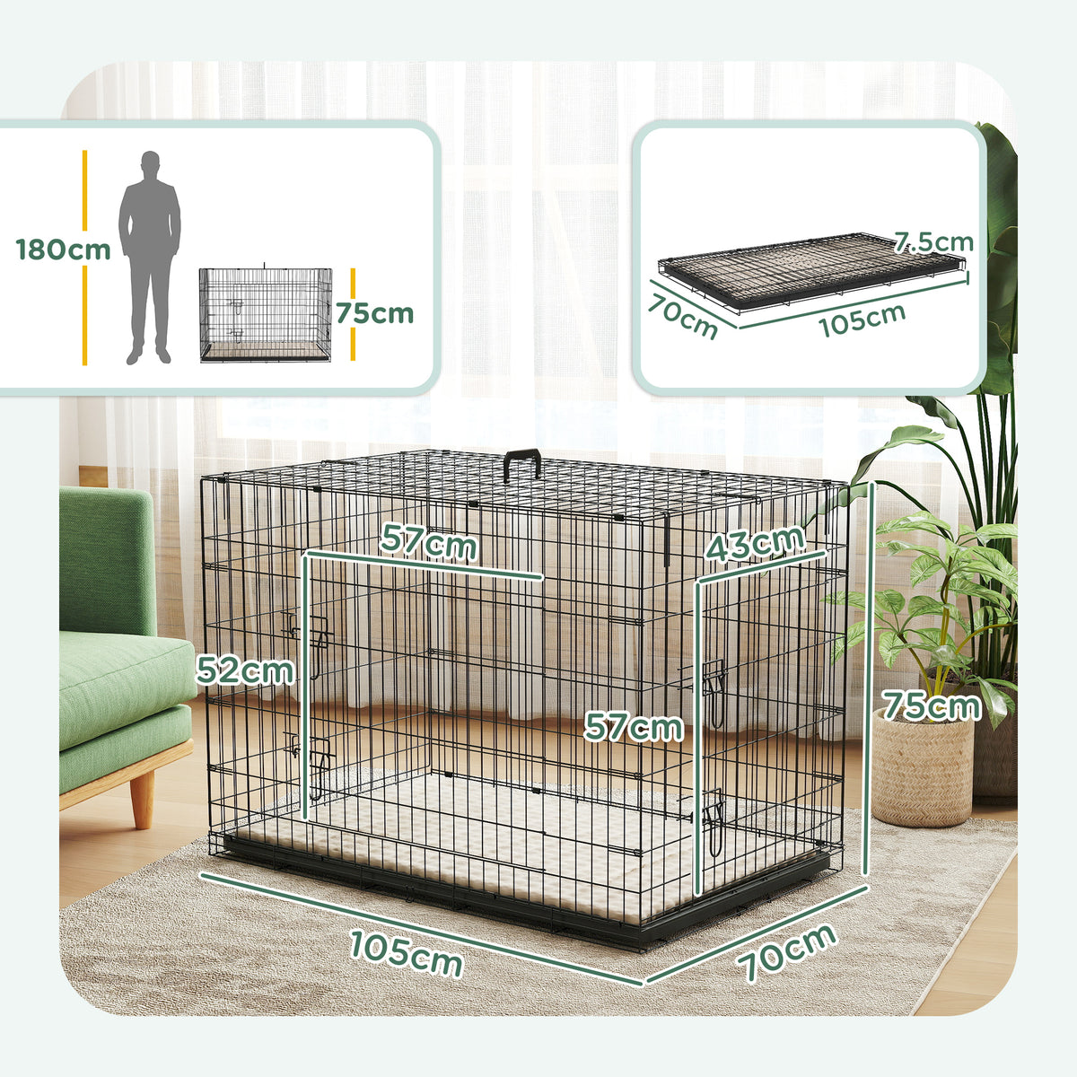 PawHut Foldable Dog Crate with 2 Doors with Tray, Soft Cushion, for Extra and Large Dogs, 106 x 71.5 x 76 cm, Black