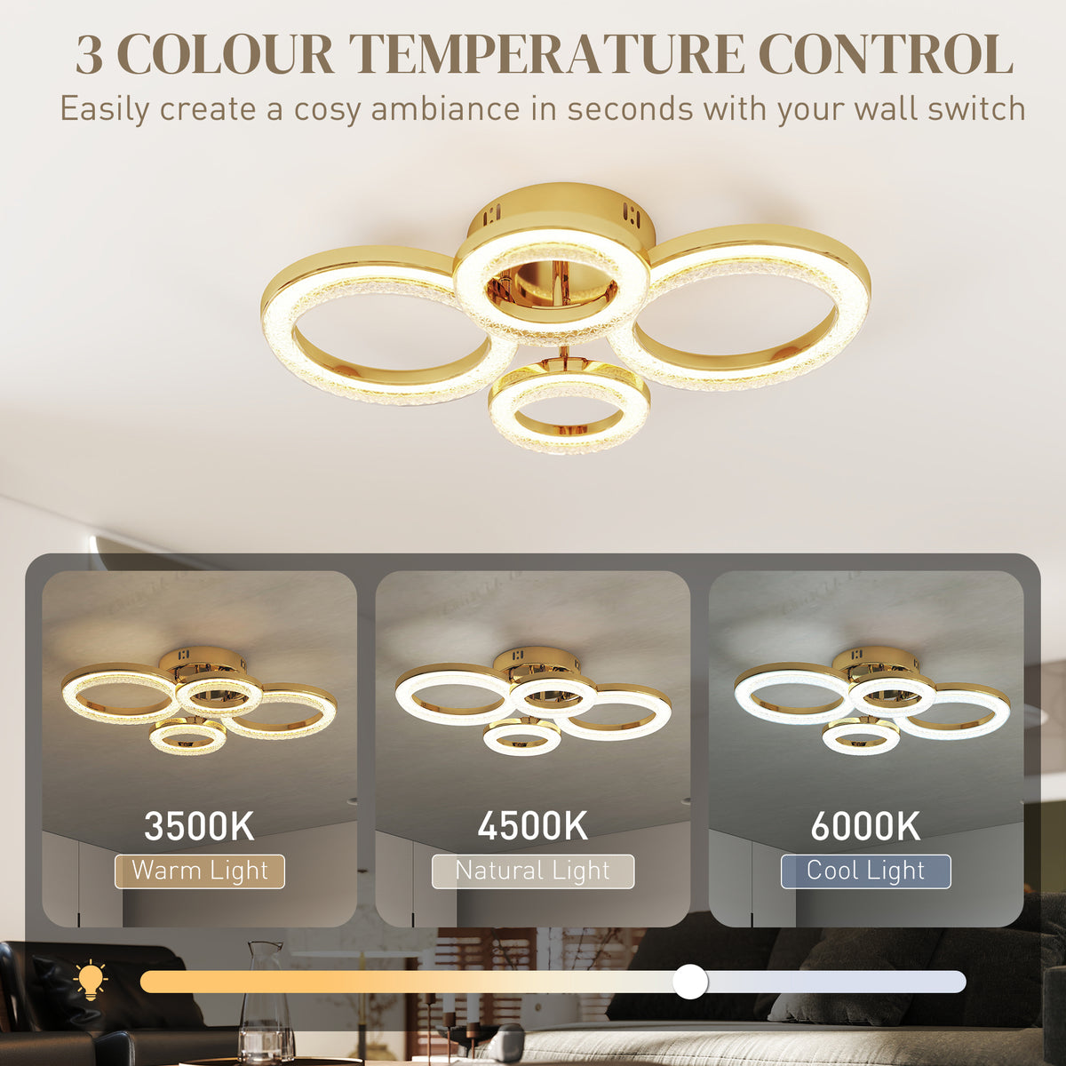 4-Ring LED Ceiling Light, Flush Mount Ceiling Light with 3 Colour Temperatures, Gold Tone