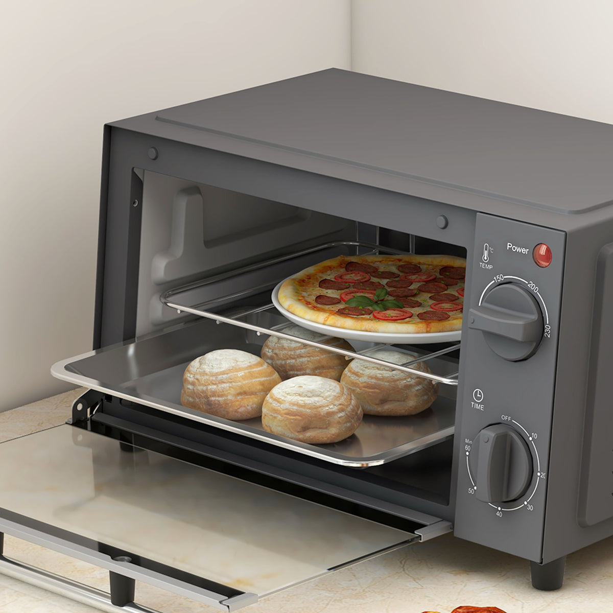 Mini Oven, 9L Countertop Electric Grill, Toaster Oven with Adjustable Temperature, Timer, Dishwasher Safe Baking Tray and Wire Rack, 750W, Grey