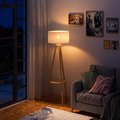 Tripod Floor Lamp, Freestanding Bedside Light Reading Light with Storage Shelf and Linen Shade for Living Room Bedroom, 154cm, Cream