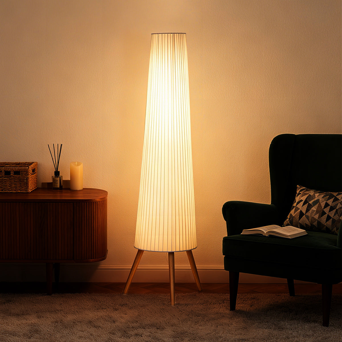 Dimmable Tripod Floor Lamp with Foot Switch, Nordic Standing Lamp with Fabric Shade, 153cm, White, White and Natural