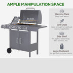 Outsunny 4+1 Burner Gas BBQ Grill, Outdoor Barbecue Trolley with Wheels, Warming Rack, Side Shelves, Cabinet, Thermometer for Garden, Party, Camping, 125L x 51W x 100Hcm, Grey