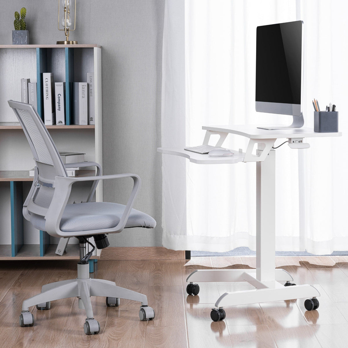 ProperAV Two Tier Mobile Desk Trolley Workstation with Gas Spring Height Adjustment - White