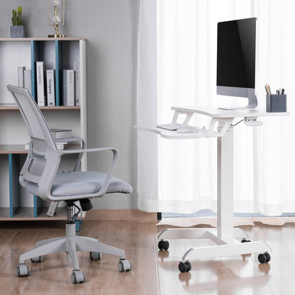 ProperAV Two Tier Mobile Desk Trolley Workstation with Gas Spring Height Adjustment - White