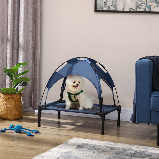 PawHut Outdoor Dog Bed with Removable Canopy, Portable Raised Dog Bed for Camping, Garden & Beach, Water-Resistant UV-Protection Mesh Pet Cot Sun Lounger, for Small Pets, 61 x 46 x 62 cm, Dark Blue