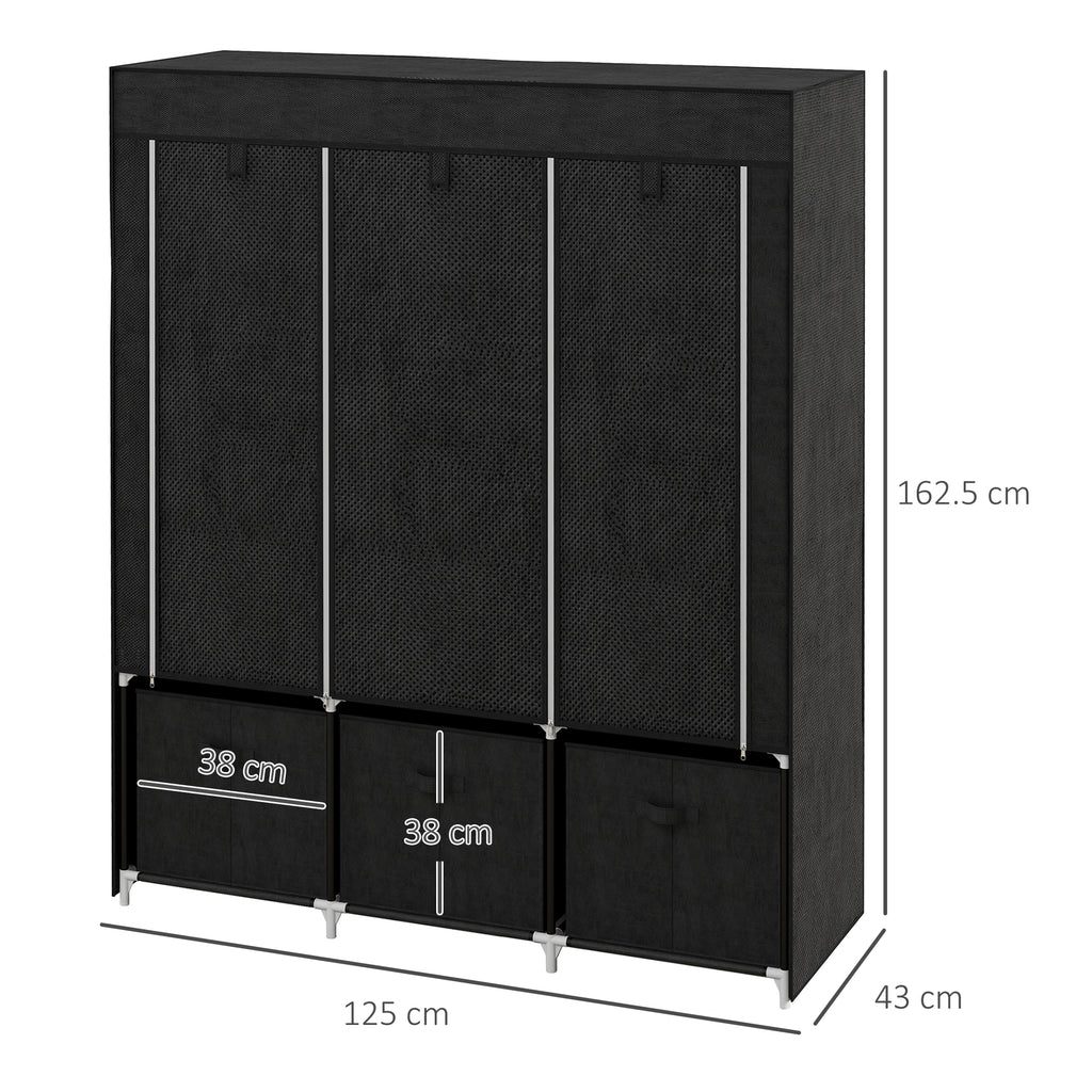 Foldable Fabric Wardrobe for Bedroom, Portable Wardrobe with 5 Shelves, 2 Hanging Rails and 3 Fabric Drawers, Black