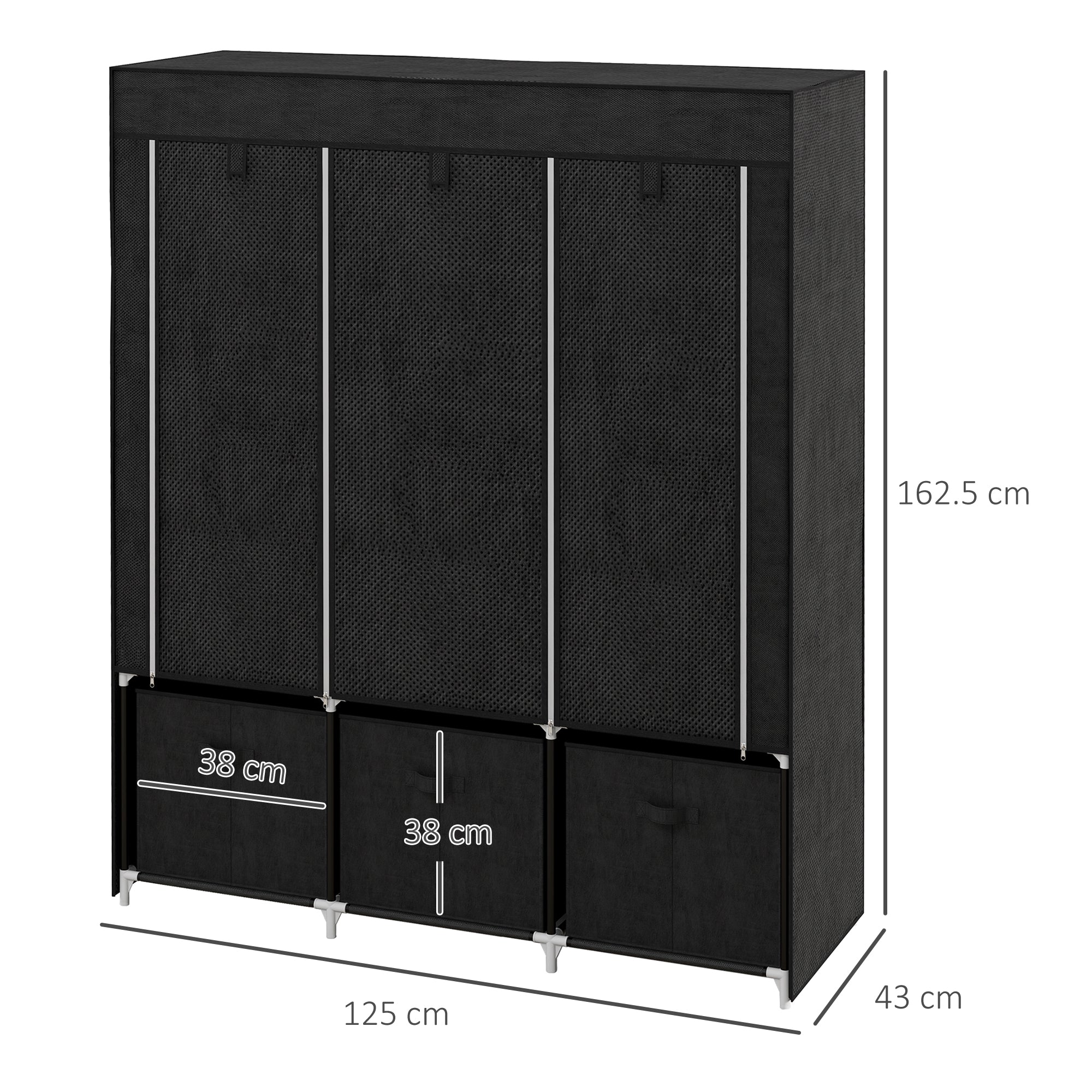 Foldable Fabric Wardrobe for Bedroom, Portable Wardrobe with 5 Shelves, 2 Hanging Rails and 3 Fabric Drawers, Black