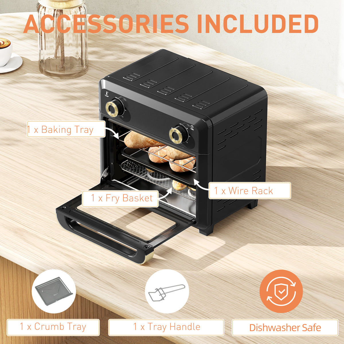 10L Air Fryer Oven, Mini Oven, Oil Free Cooking, Grill, Roast, Bake, with Adjustable Temperature, Timer, Dishwasher Safe, 1000W, Black