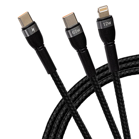 Maplin 2-in-1 USB-C to Multi-Charging USB-C 65W & Lightning 12W Braided Cable
