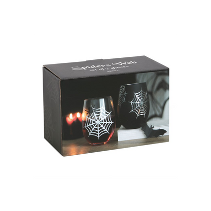 Set of 2 Spider and Web Stemless Wine Glasses