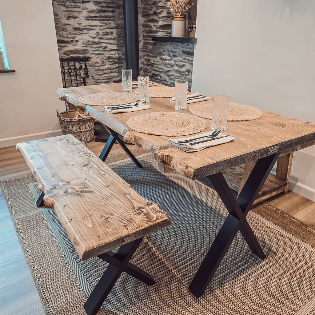 Live / Waney Edge Dining Table With Bench and X Cross Metal Legs