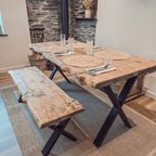 Live / Waney Edge Dining Table With Bench and X Cross Metal Legs