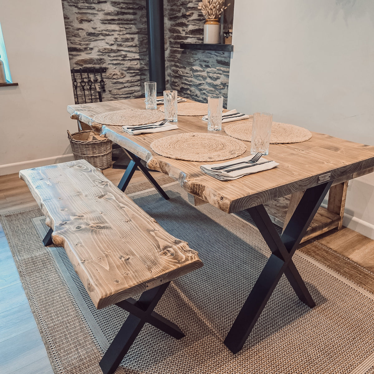 Live / Waney Edge Dining Table With Bench and X Cross Metal Legs