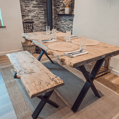 Live / Waney Edge Dining Table With Bench and X Cross Metal Legs