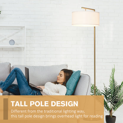 Floor Lamp, Modern Standing Lamp with Linen Lampshade, Round Base for Living Room, Bedroom, Dining Room, 153cm, Gold Tone and White