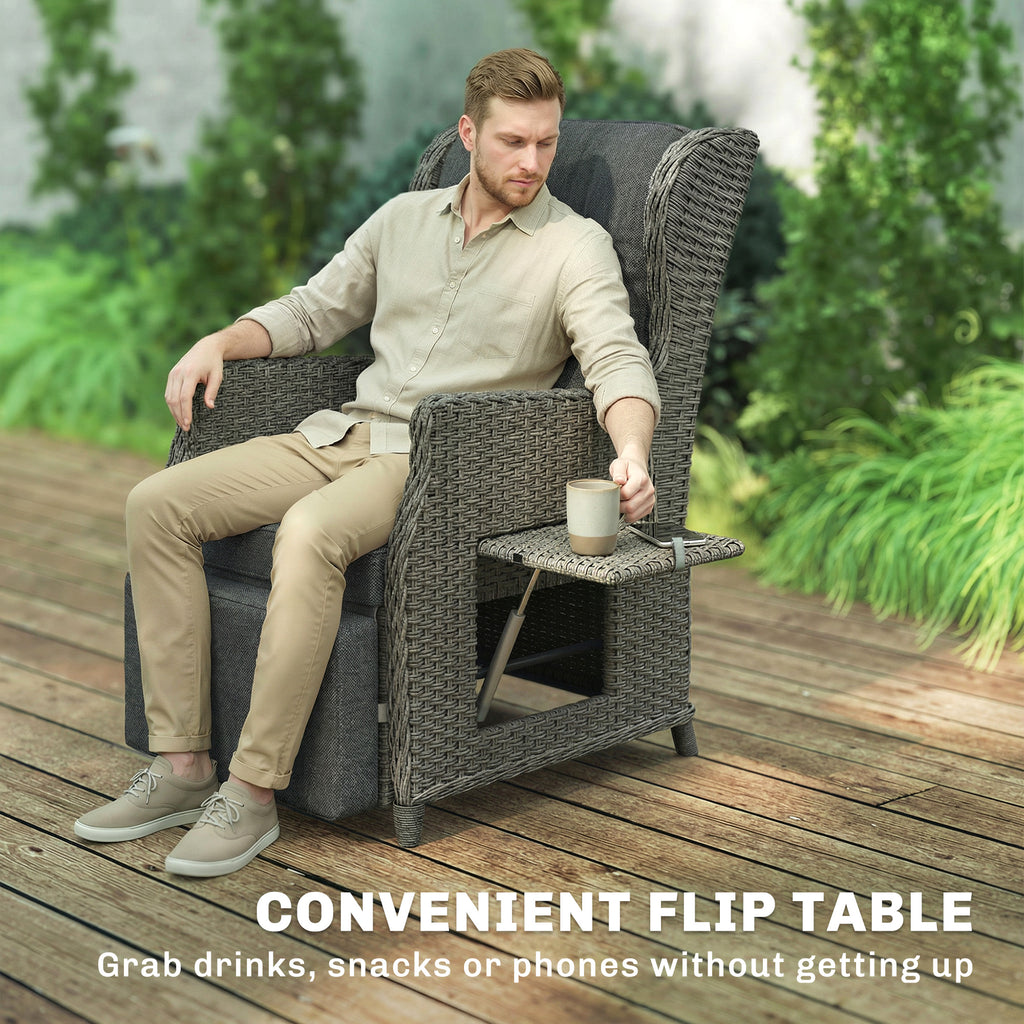 Outsunny Rattan Garden Recliner Chair, Reclining Garden Chair with Adjustable Back and Footrest, Flip Table, Cushion, Dark Grey