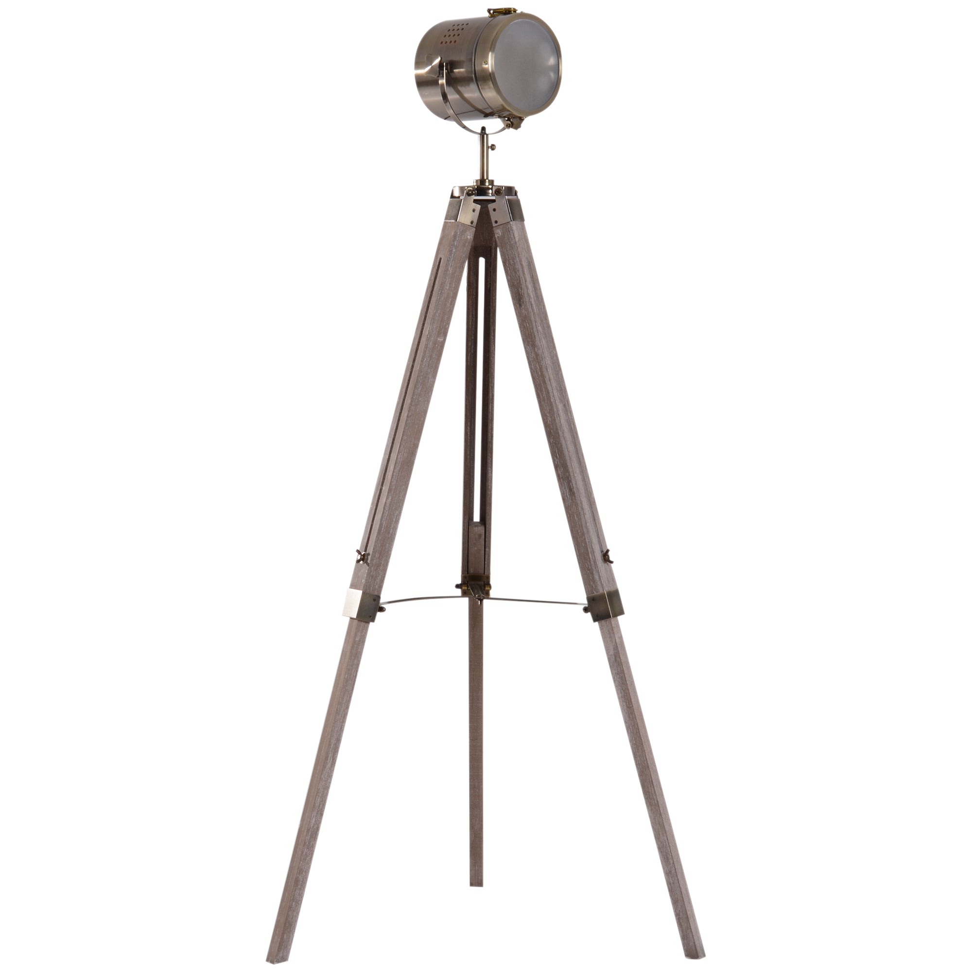 Industrial Tripod Floor Lamp, Nautical Searchlight with Adjustable Height, Wood Legs, E14 Lamp Base for Living Room, Bedroom, Grey and Bronze