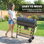 Outsunny Charcoal Grill, Barrel BBQ Smoker with Warming Rack, Charcoal BBQ Grill with Foldable Shelves, Natural Wood and Black