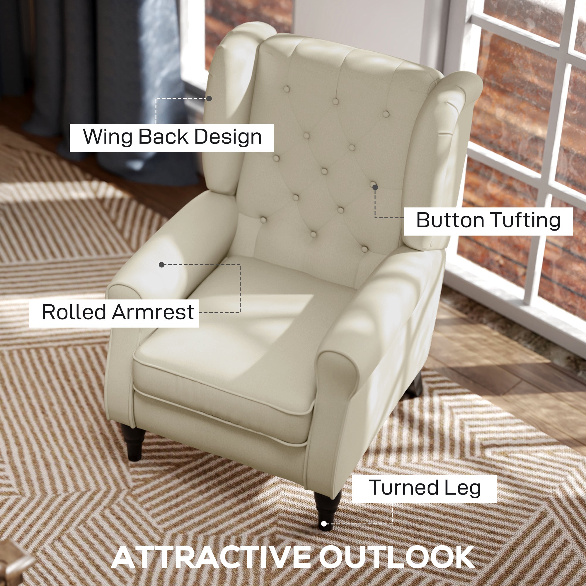 HOMCOM Wingback Accent Chair, Retro Upholstered Button Tufted Occasional Chair for Living Room and Bedroom, Cream White