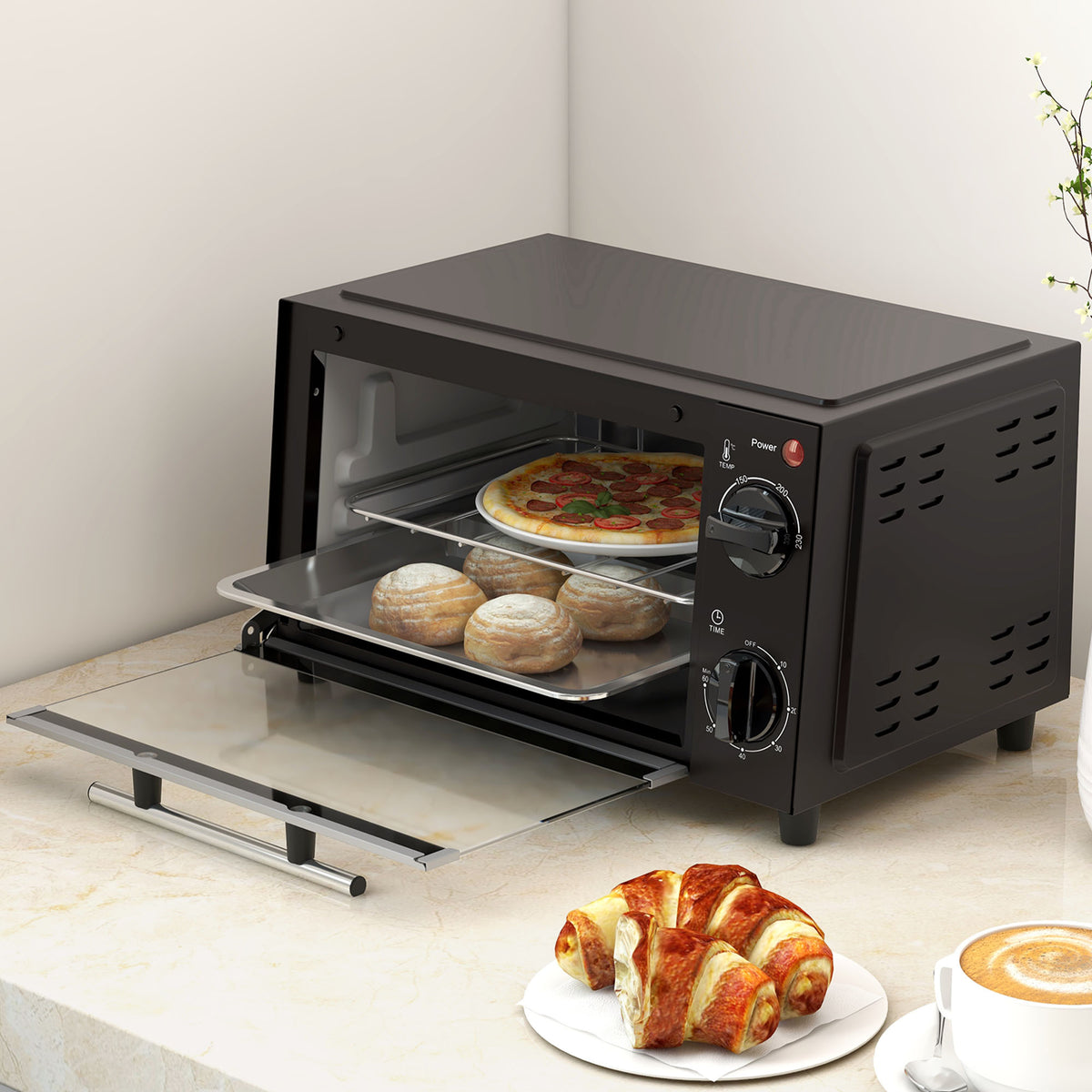Mini Oven, 9L Countertop Electric Grill, Toaster Oven with Adjustable Temperature, Timer, Dishwasher Safe Baking Tray and Wire Rack, 750W, Black