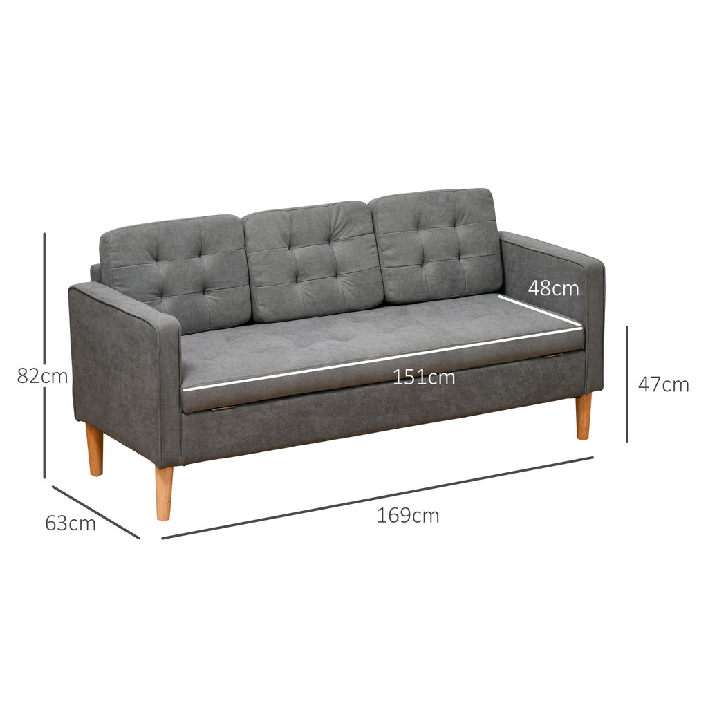 HOMCOM 3 Seater Storage Sofa, Fabric Couch with Hidden Under Seat Storage, Thick Cushions, Compact Space Saving Settee with Rubberwood Legs for Living Room, Apartment, Grey