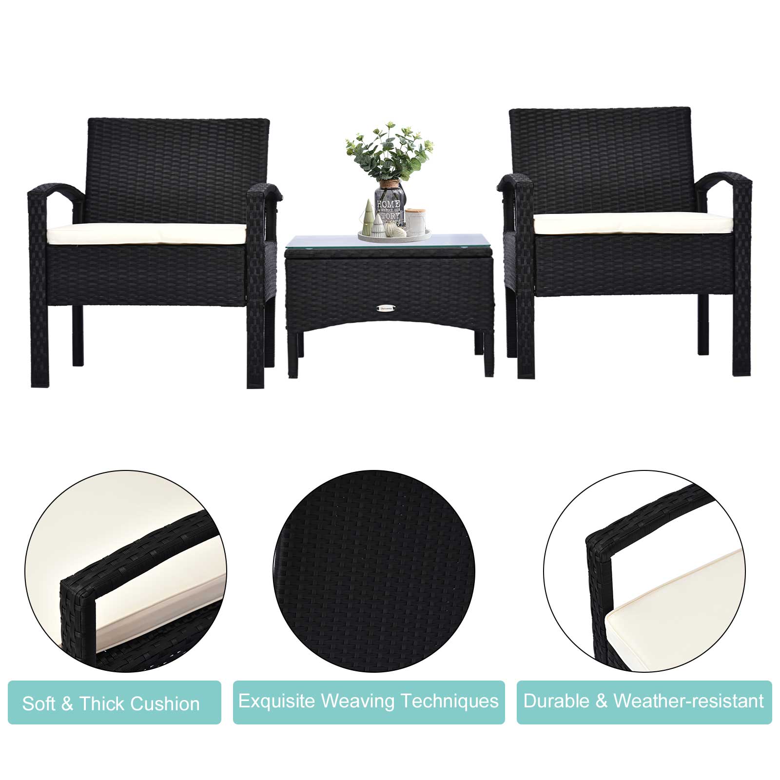 Outsunny 2 Seater Rattan Bistro Set, Steel-Black