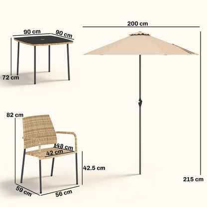 Outsunny 4 Seater Rattan Dining Set with Parasol, 6 Piece Garden Table and Stackable Chairs with Tempered Glass Tabletop