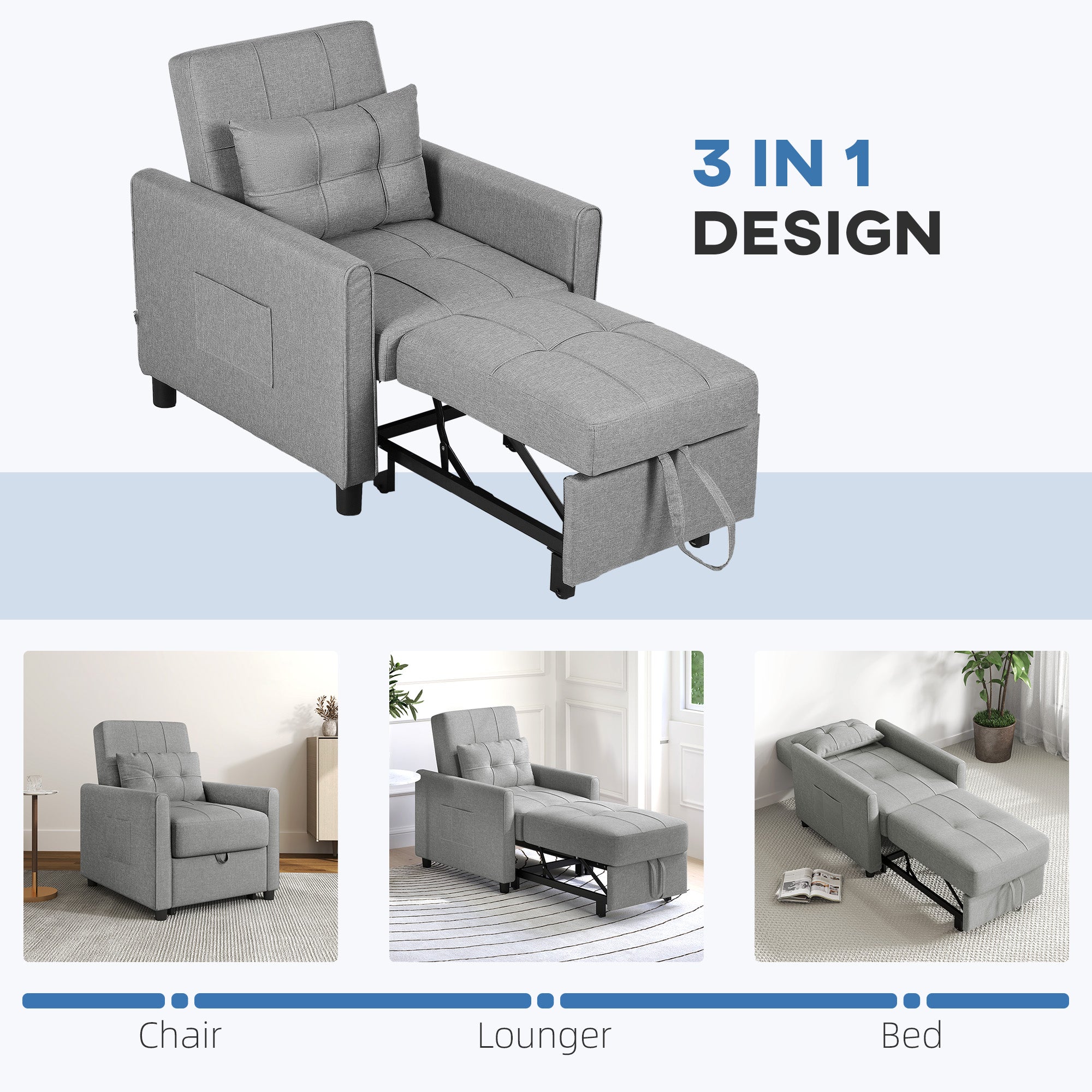 HOMCOM Linen-Look Single Chair Bed - Light Grey