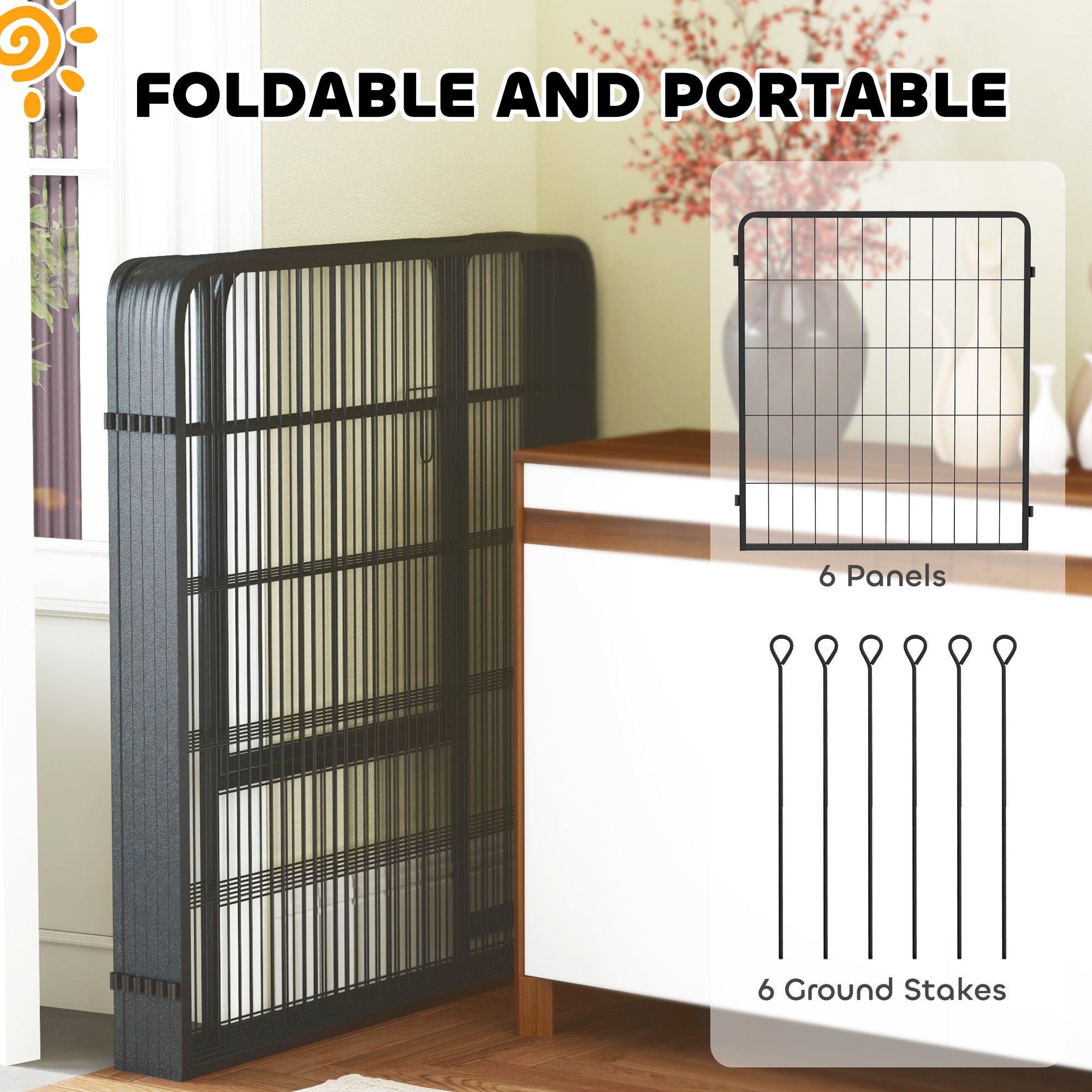 PawHut Six-Panel Dog Playpen with Door, for Medium Dogs, Indoors, Outdoors, 80cm Tall, Black