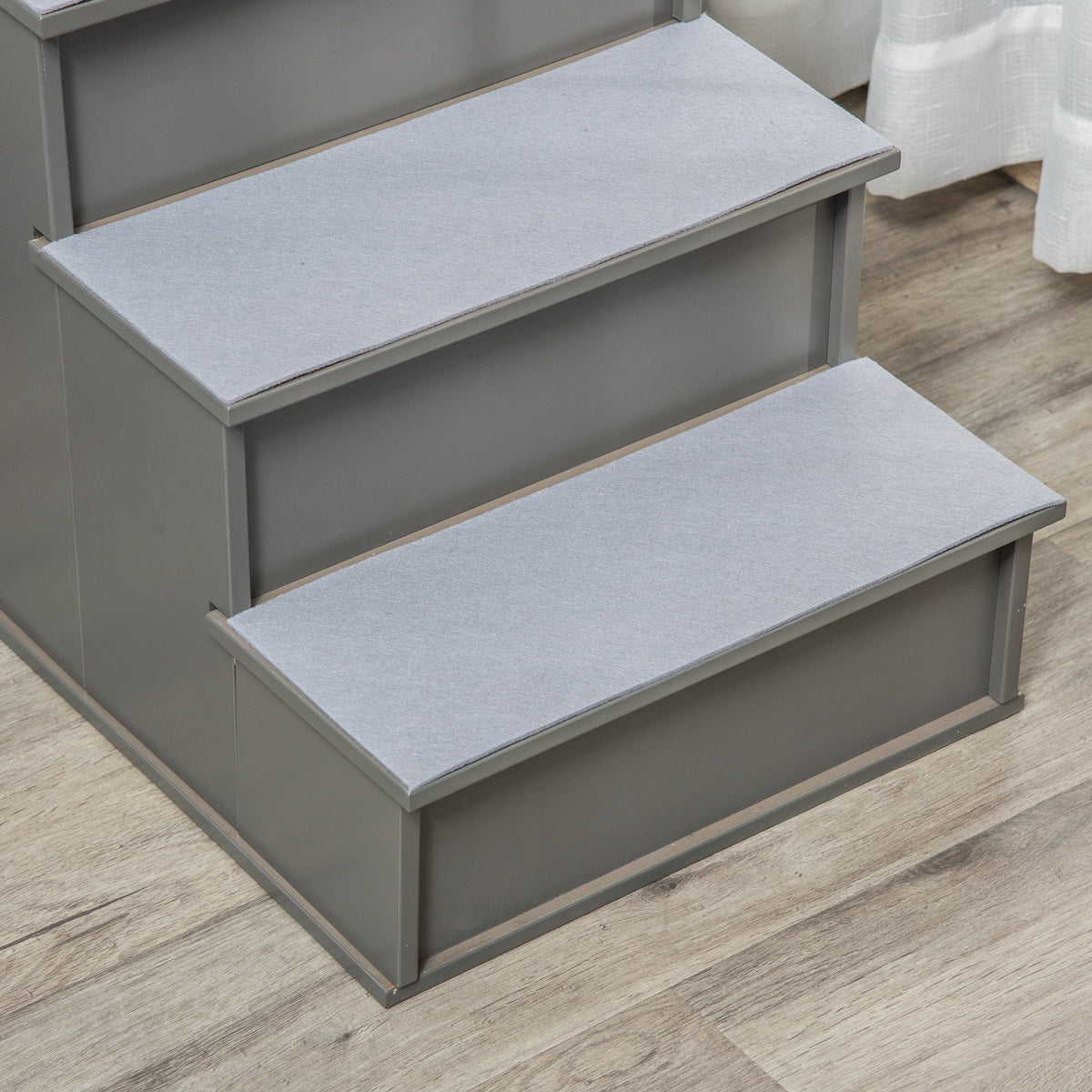 PawHut 4 Step Dog Steps for Bed, Wooden Dog Steps for Sofa, Pet Stairs for Bed Couch with Non-Slip Carpet for Cats and Puppies, 40 x 59 x 54.2 cm, Grey