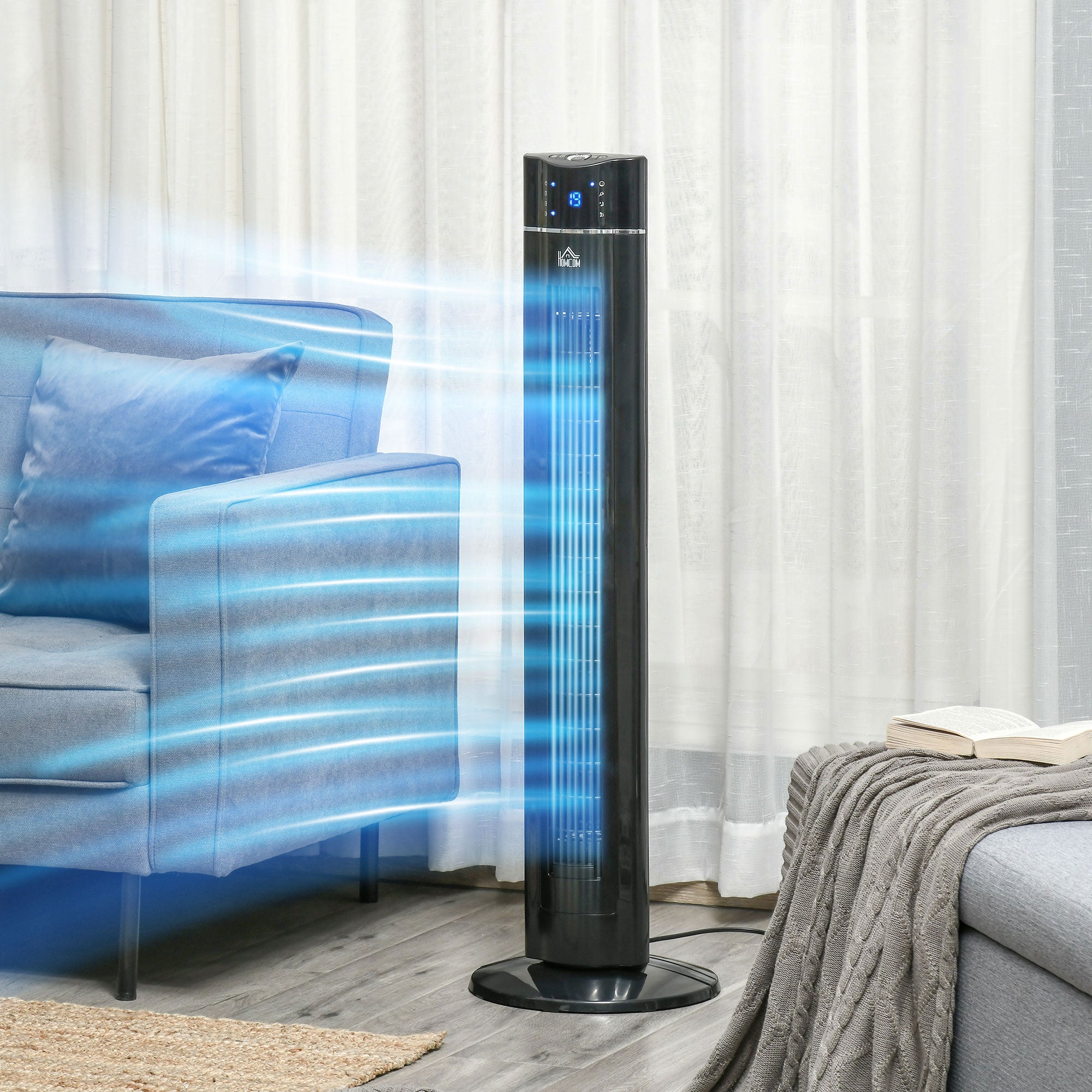 Anion Tower Fan for Bedroom, 42 inch, 6 m/s Powerful Velocity, Standing Floor Fan with 60° Oscillating, 3 Modes, 3 Speeds, 8 Hour Timer, LED Display, Remote Control, Black