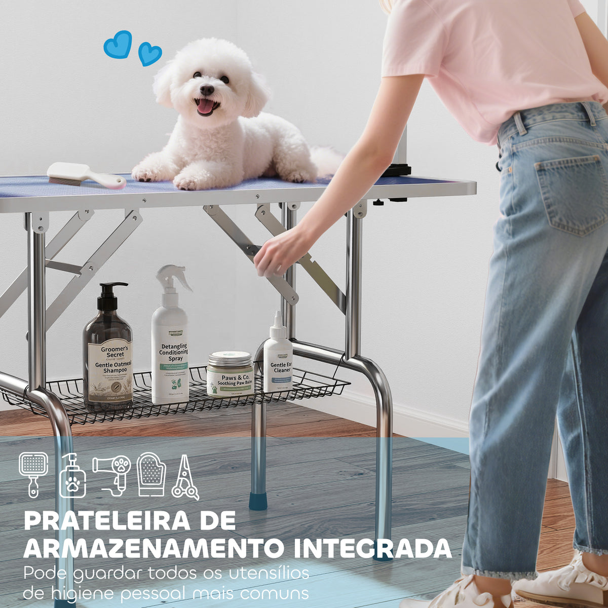 PawHut 42" Dog Grooming Table, Adjustable Pet Cat Drying Beauty Table with 2 Loops Storage Basket, Rubber Top, Blue
