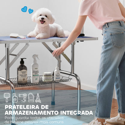 PawHut 42" Dog Grooming Table, Adjustable Pet Cat Drying Beauty Table with 2 Loops Storage Basket, Rubber Top, Blue
