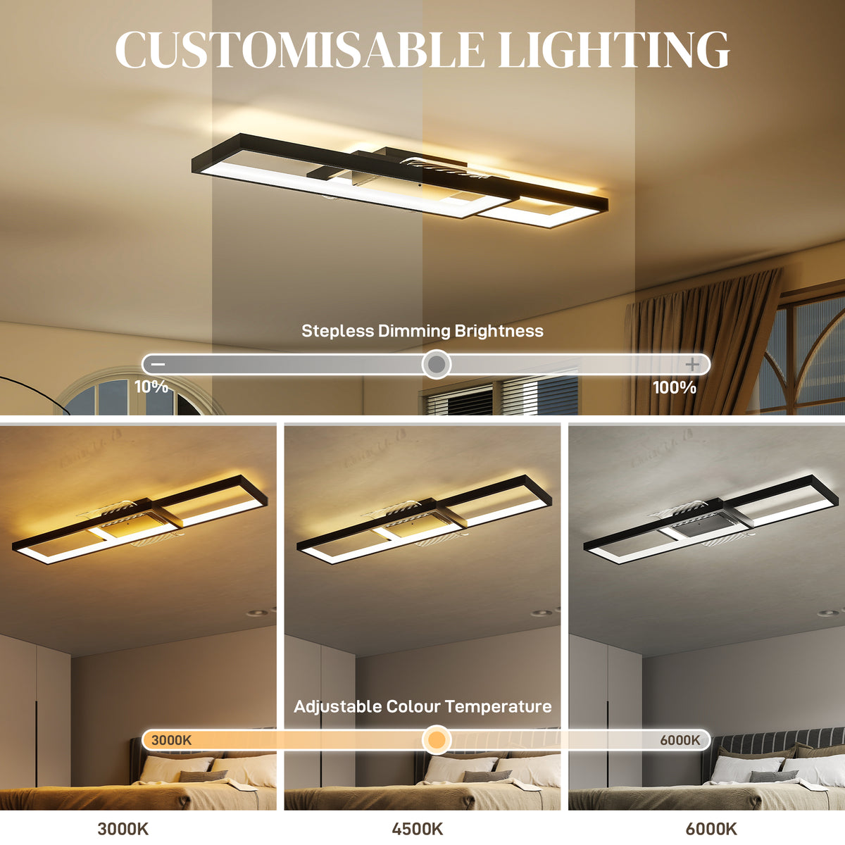 LED Ceiling Light, Modern Dimmable Ceiling Light with Wall Switch & Remote Control, Flush Mount Fixture Lamp with 3000-6000K Colour Temperatures for Living Room, Bedroom, Black