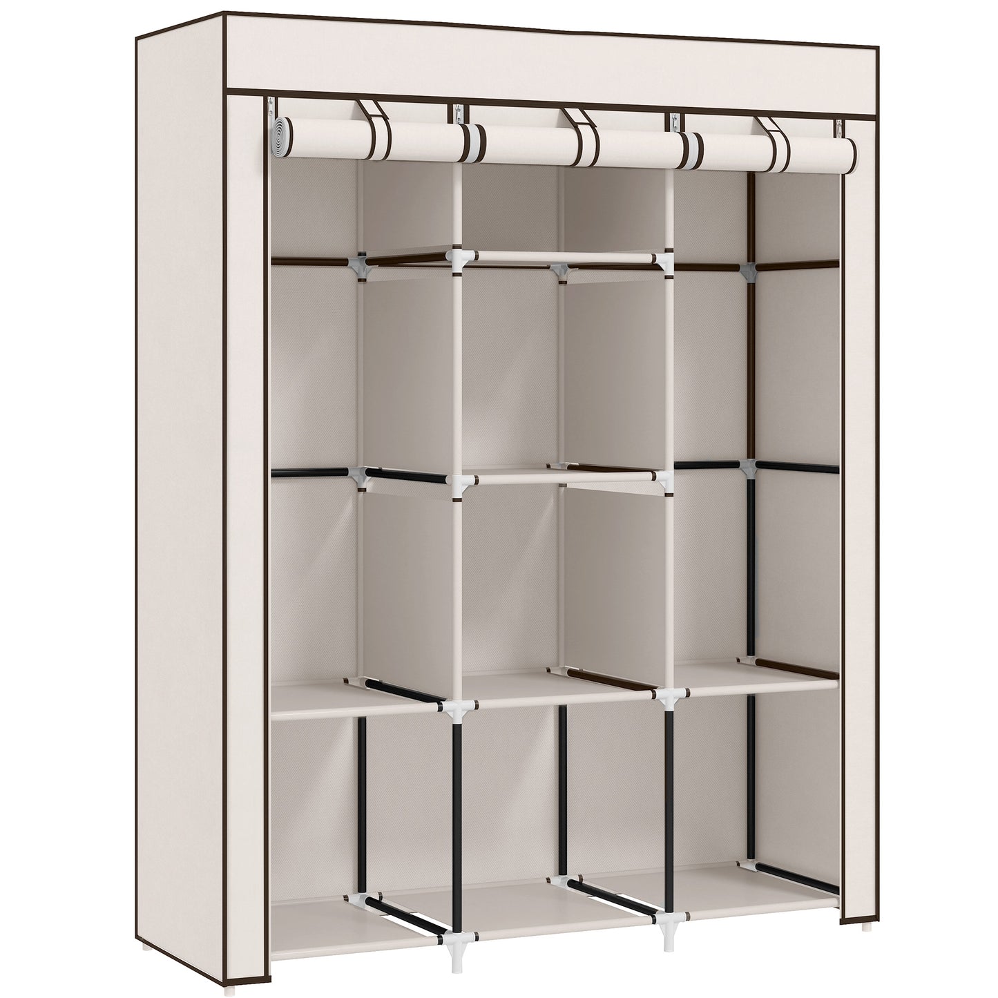 Fabric Wardrobe, with Rails and Shelves - Cream White