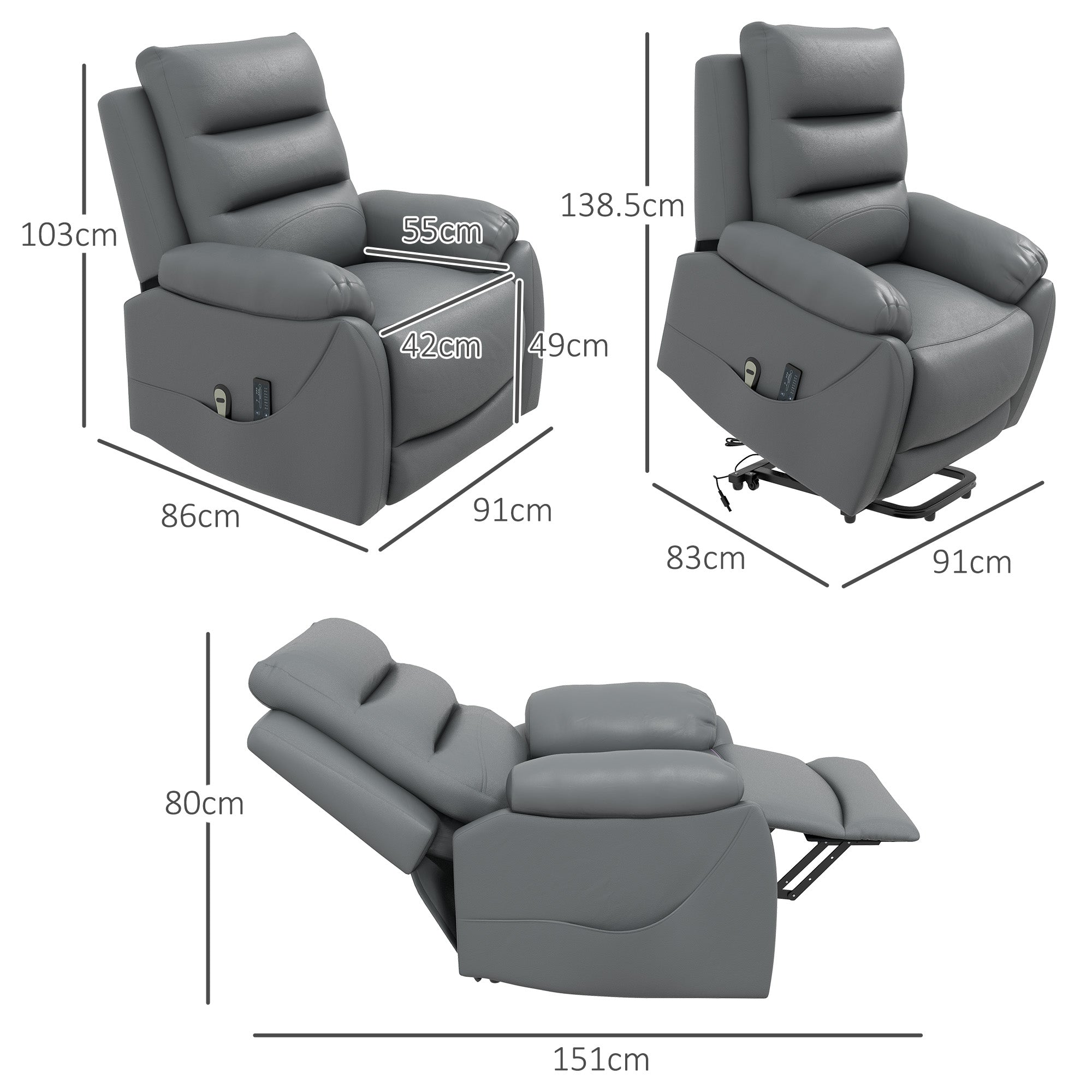 HOMCOM Electric Riser and Recliner with 8 Vibration Massage, PU Leather Power Lift Recliner Chair for Living Room with Side Pockets, Footrest, Grey