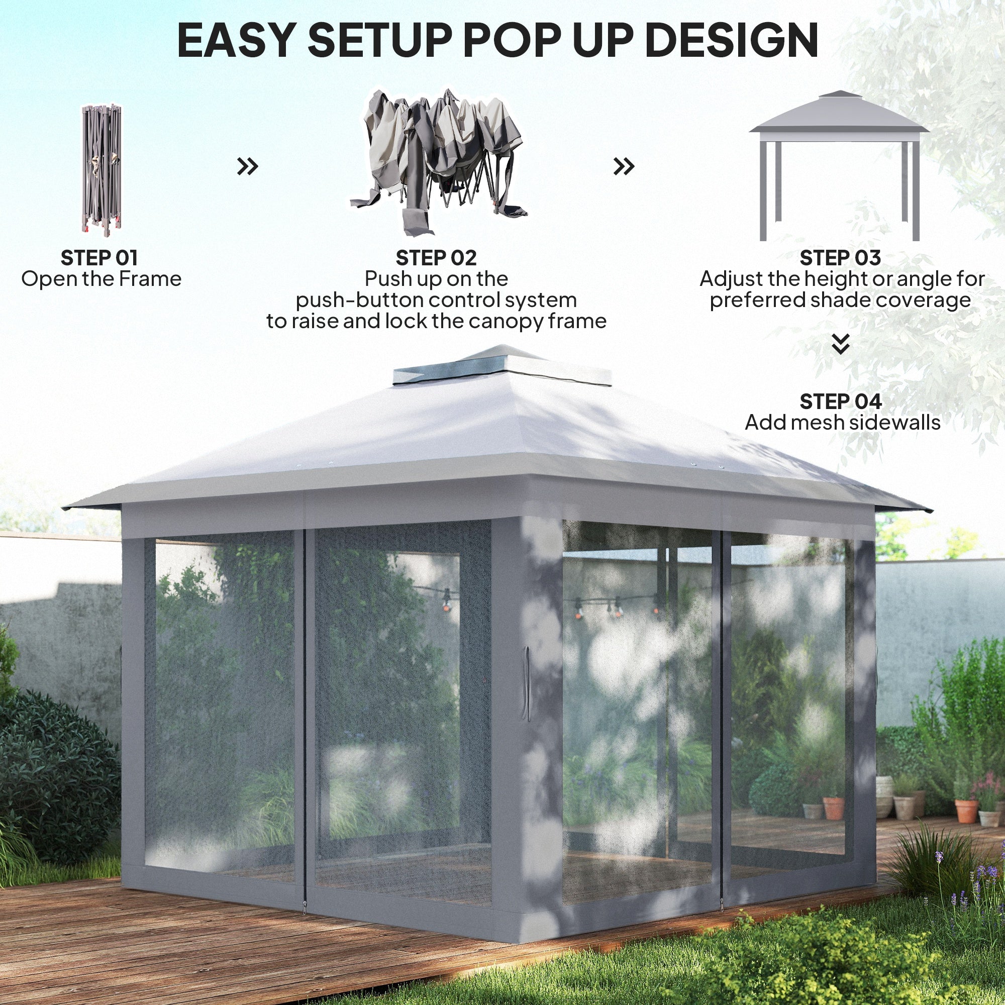 Outsunny 3.3 x 3.3m Pop Up Gazebo, Double Roof Foldable Canopy Tent with Zipped Mesh Sidewalls, Height Adjustable and Carrying Bag, Event Tent for Patio Garden, Grey