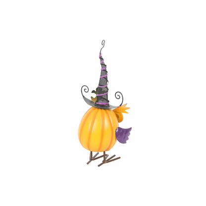 Orange Metal Owl Ornament with Witch Hat and Ghost