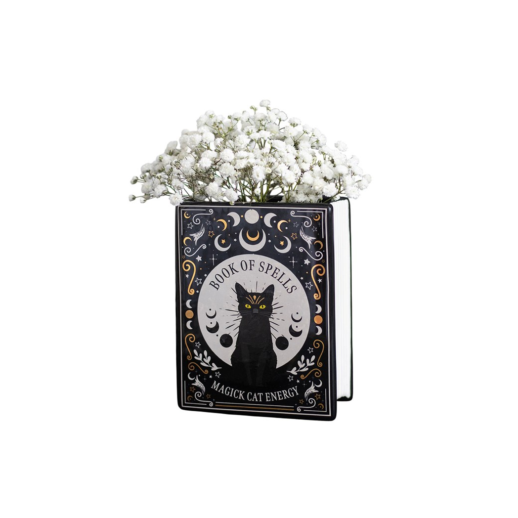 Black Cat Magick Book Shaped Flower Vase