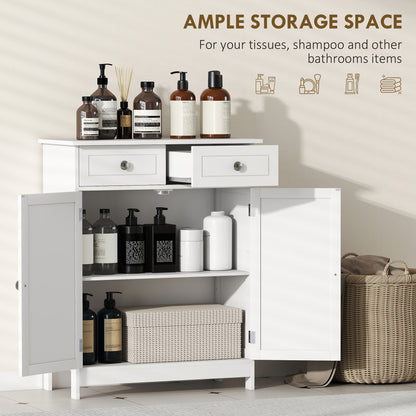 kleankin 75x60cm Freestanding Bathroom Storage Cabinet Unit w/ 2 Drawers Cupboard Adjustable Shelf Metal Handles Traditional Style White