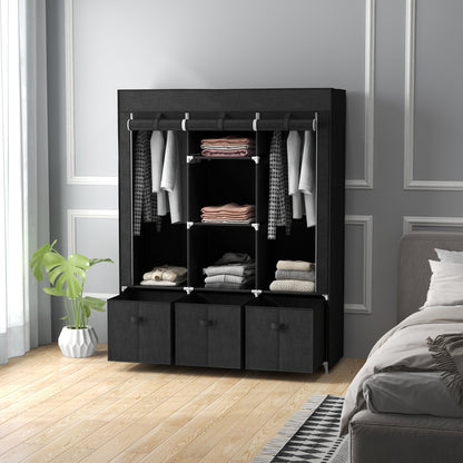 Foldable Fabric Wardrobe for Bedroom, Portable Wardrobe with 5 Shelves, 2 Hanging Rails and 3 Fabric Drawers, Black