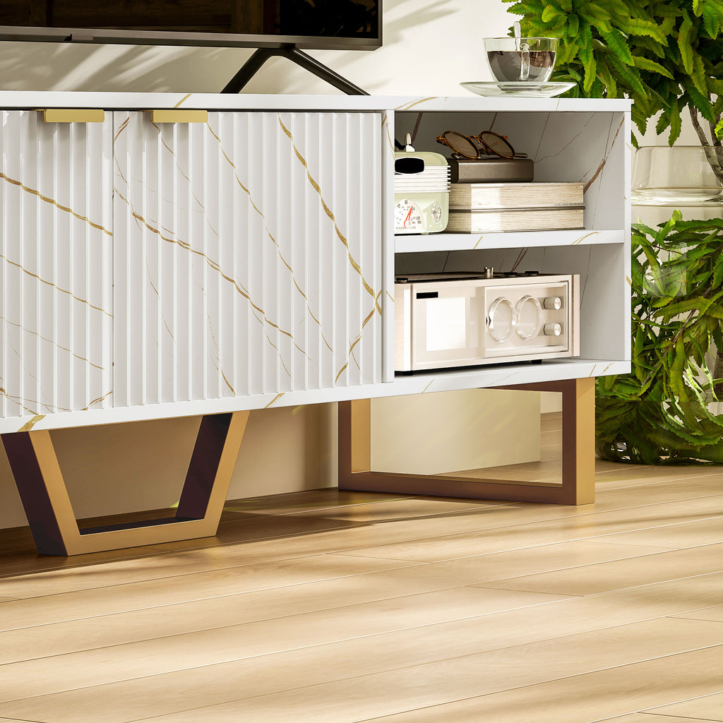 Marble Effect TV Unit, Modern TV Stand Cabinet for up to 70" TVs, with Shelves and Storage Cupboard, Fluted Door, Extra Centre Leg, Cable Management for Living Room, White