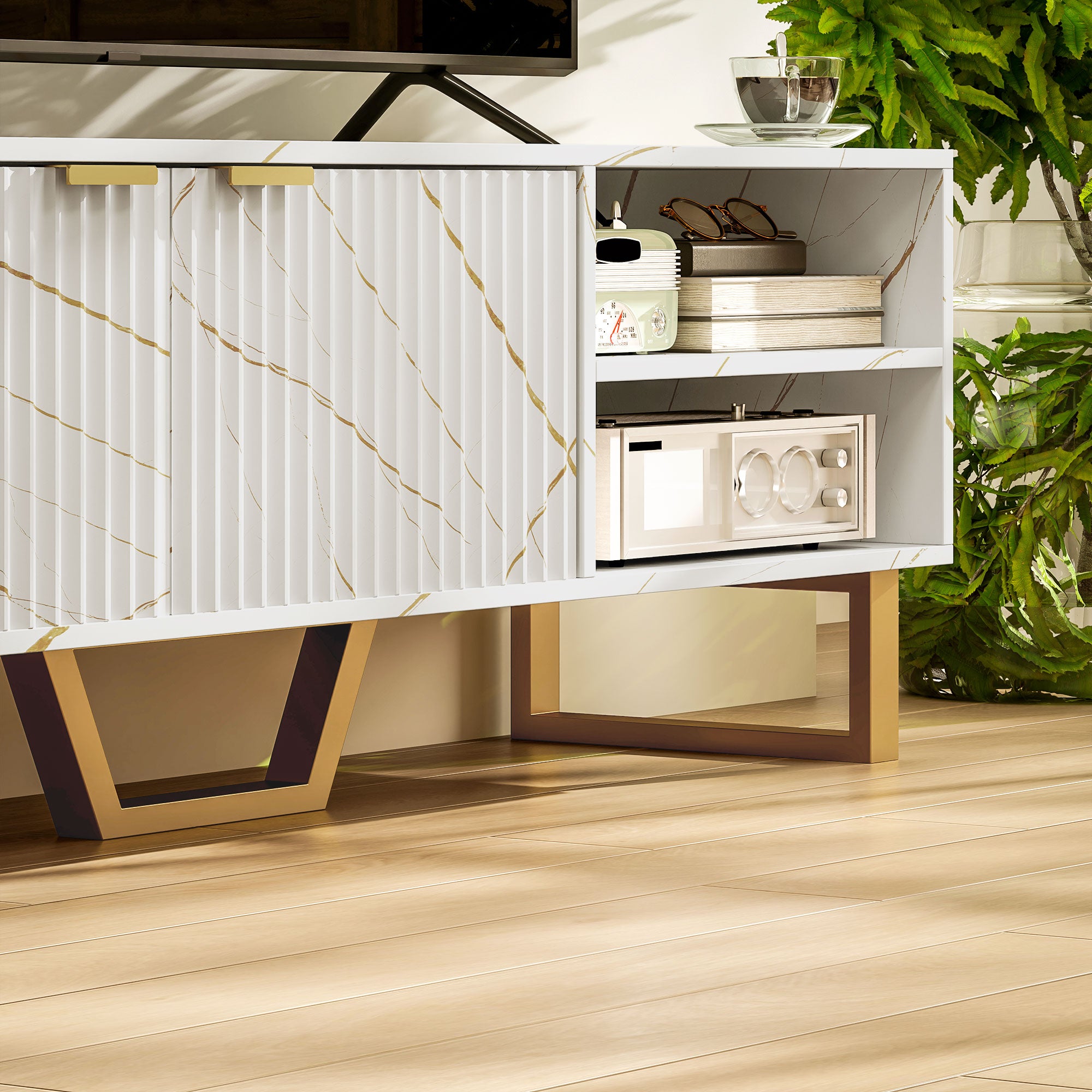 Marble Effect TV Unit, Modern TV Stand Cabinet for up to 70" TVs, with Shelves and Storage Cupboard, Fluted Door, Extra Centre Leg, Cable Management for Living Room, White
