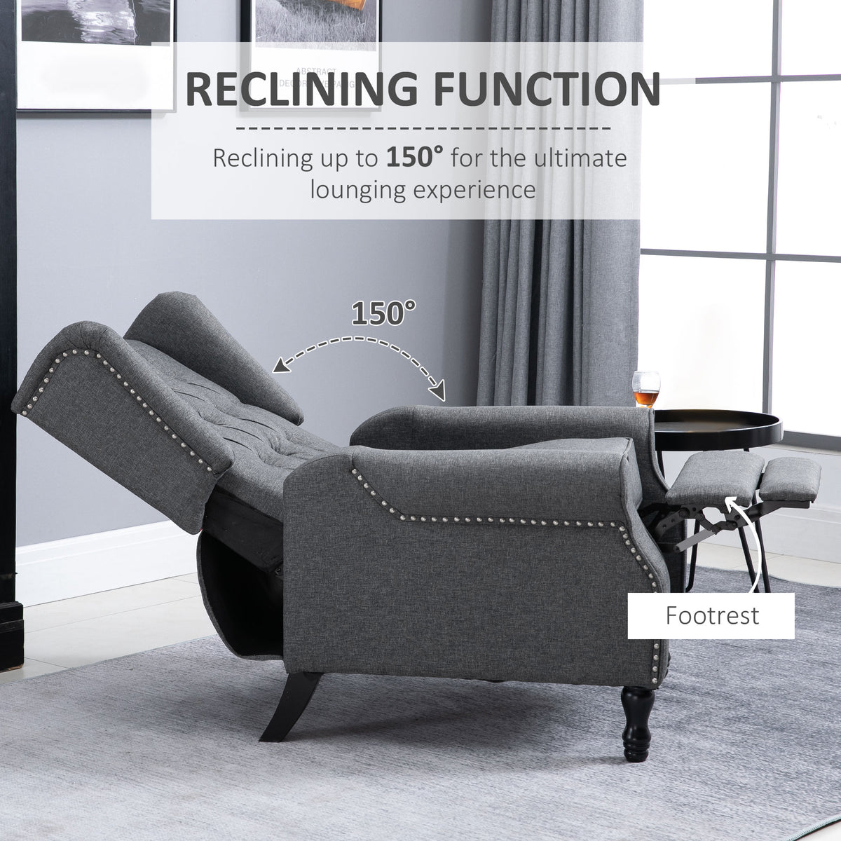 Recliner Armchair, Vintage Reclining Chair with Nail Head Trim, Wingback Chair with Button Tufted Back and Footrest, for Living Room, Grey