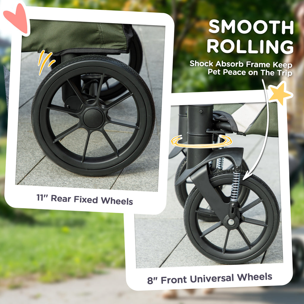 PawHut Foldable Pet Stroller for Large Dogs with Four Big Wheels, Shock-Absorbing Frame, Safety Leashes, Brakes, Dark Green