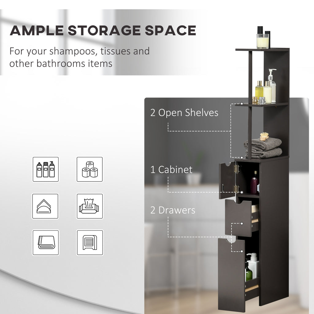 HOMCOM Tall Bathroom Cabinet, Freestanding Slim Bathroom Storage Cabinet with 2-Tier Open Shelf and 2 Drawers for Small Space, Narrow Cupboard Storage Unit, Brown