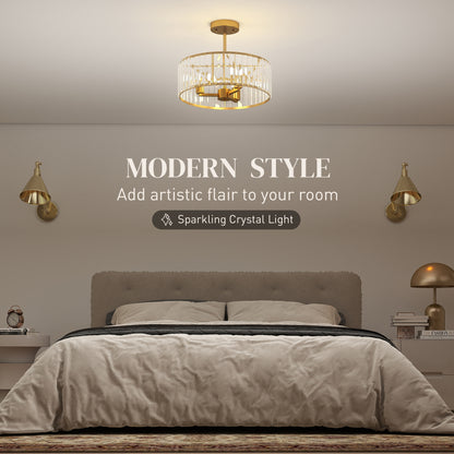 Crystal Ceiling Light Fixture, Semi Flush Mount Modern Crystal Chandelier Ceiling Light for Living Room, Bedroom, Hallway, Dining Room, E14 Base 3-Lights, Bulbs Not Included, Gold Tone