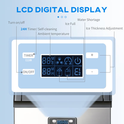 Commercial Ice Maker Machine, Freestanding Stainless Steel Ice Machine with Self-Cleaning, LCD Display, 45kg/24 Hours and 11kg Ice Storage for Home, Office, Bar, Restaurant, Supermarkets