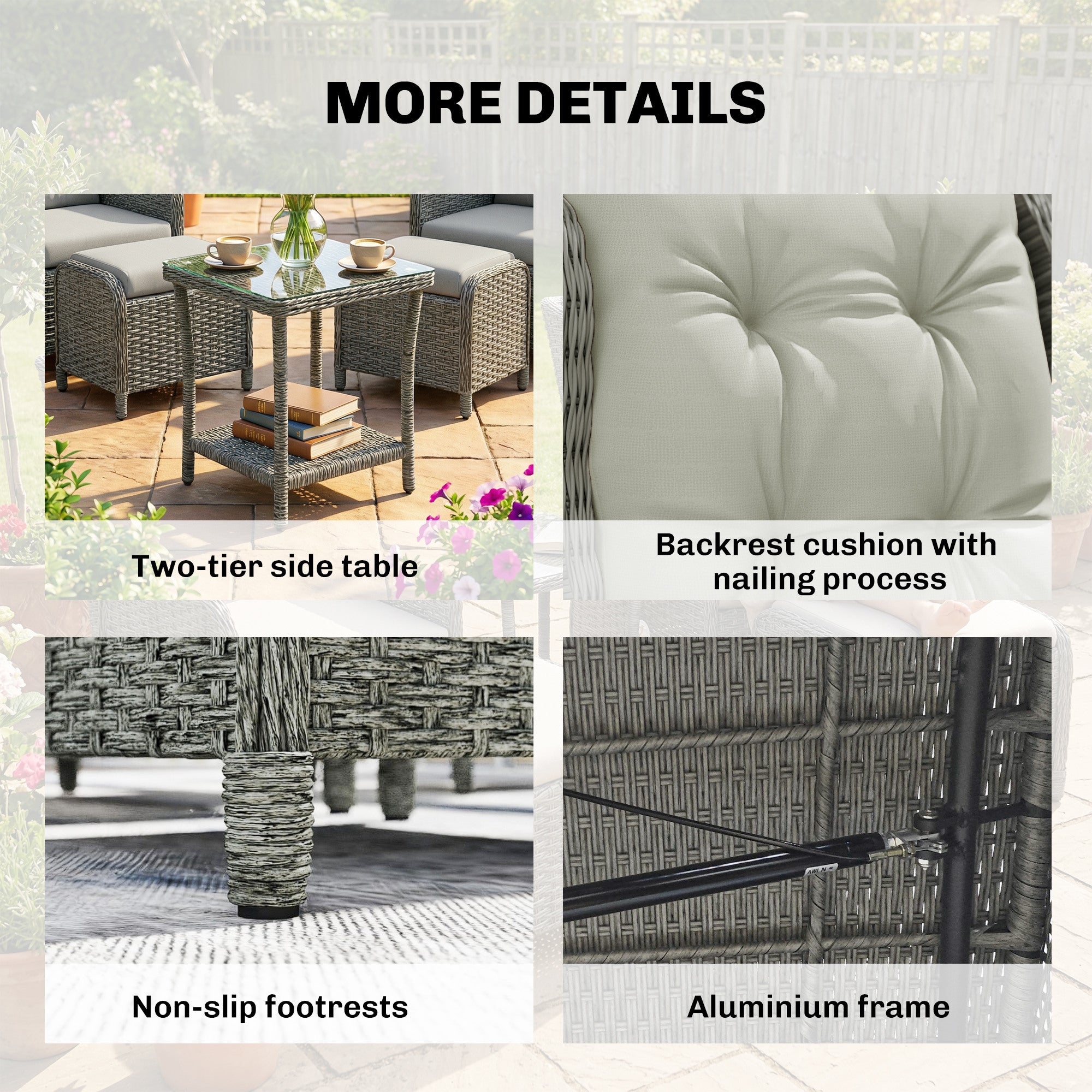 Outsunny Rattan Reclining Garden Chair Set of 2 with Footstool and Cushion for Balcony, Cream