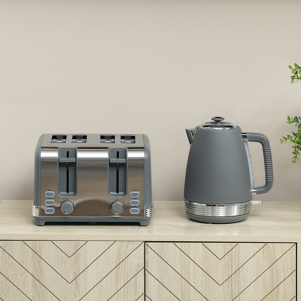 Stainless Steel Panel Kettle and Toaster Set - Grey